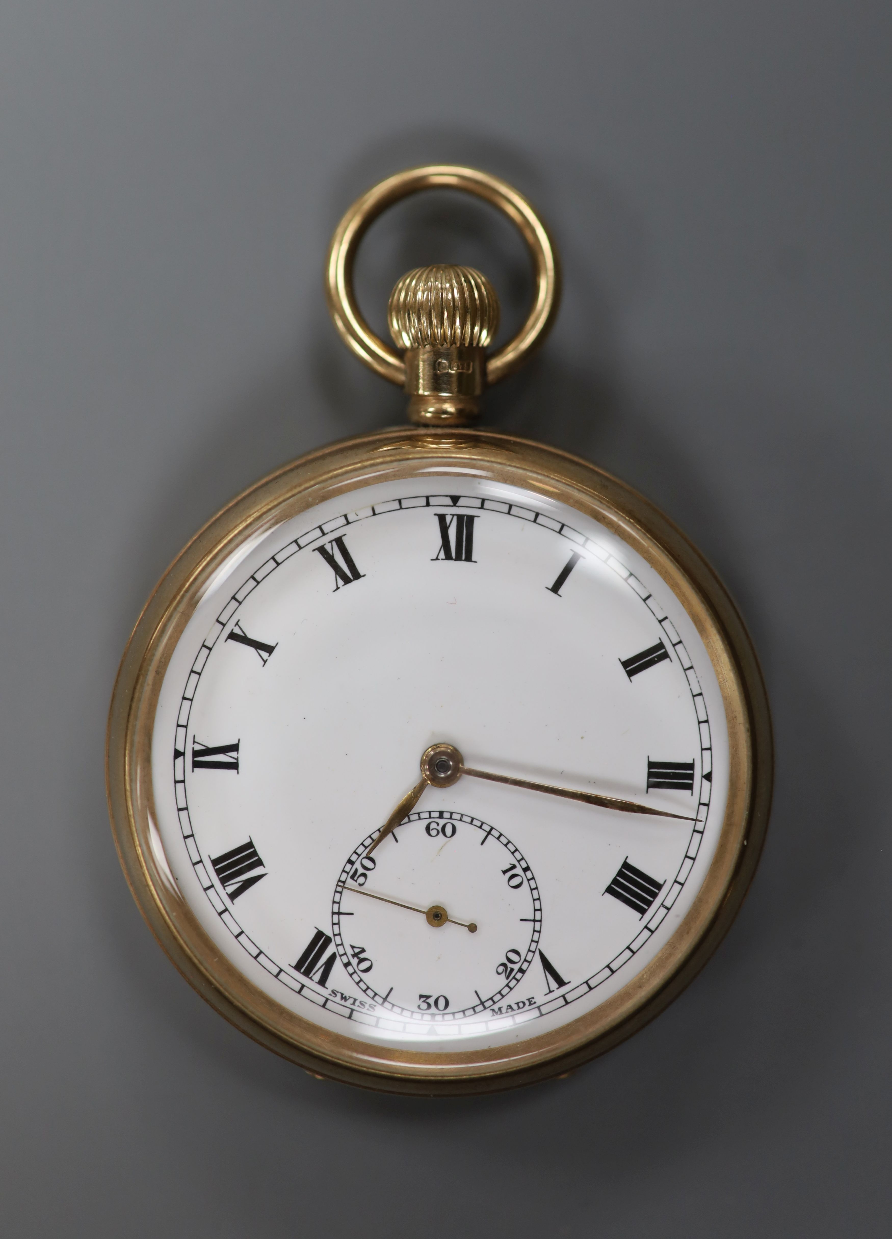 A 1920's 9ct gold open face keyless pocket watch